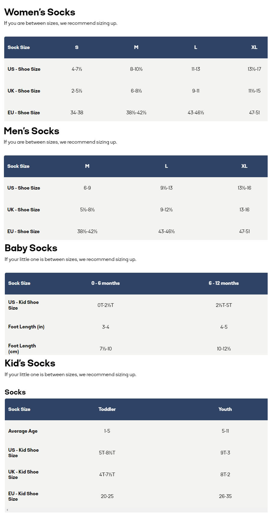 Bombas Socks Size Guide